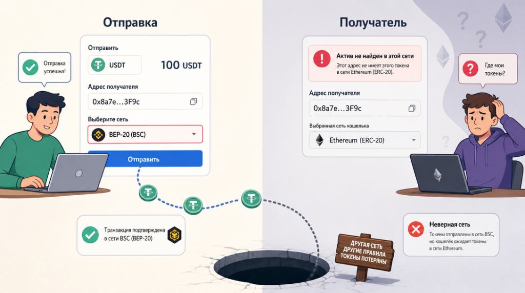 Иллюстрация, перевод криптовалюты не в той сети
