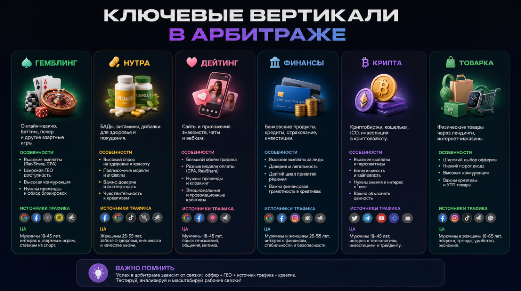 Ключевые вертикали в арбитраже: гемблинг, нутра, дейтинг, финансы, крипта, товарка