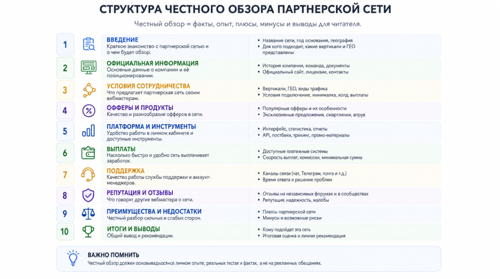 Структура честного обзора партнерской сети