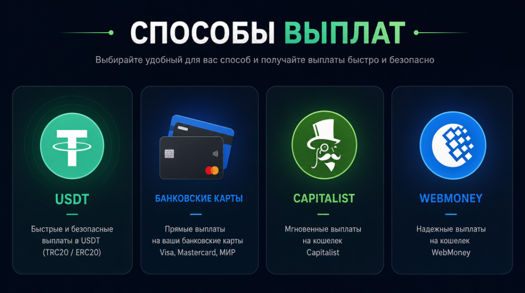 Способы выплат: USDT, банковские карты, Capitalist, WebMoney
