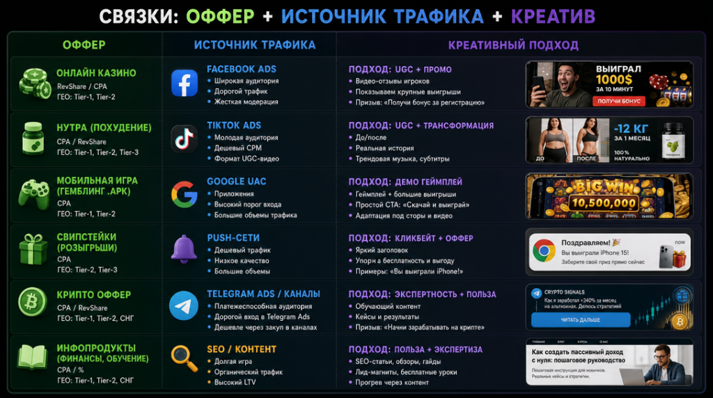 Связки оффер плюс источник трафика плюс креатив