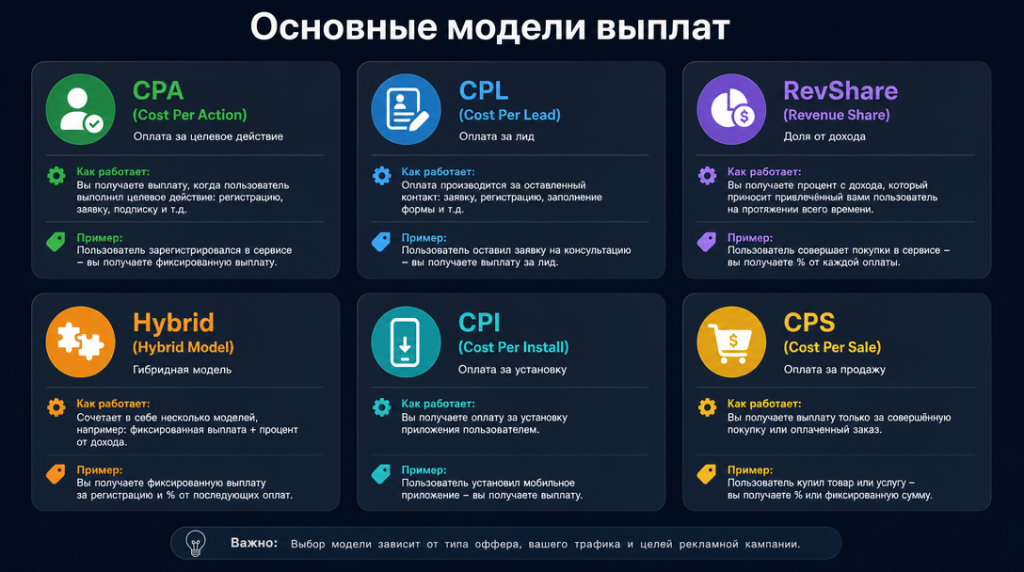 Основные модели выплат: CPA, CPL, RevShare, Hybrid, CPI, CPS